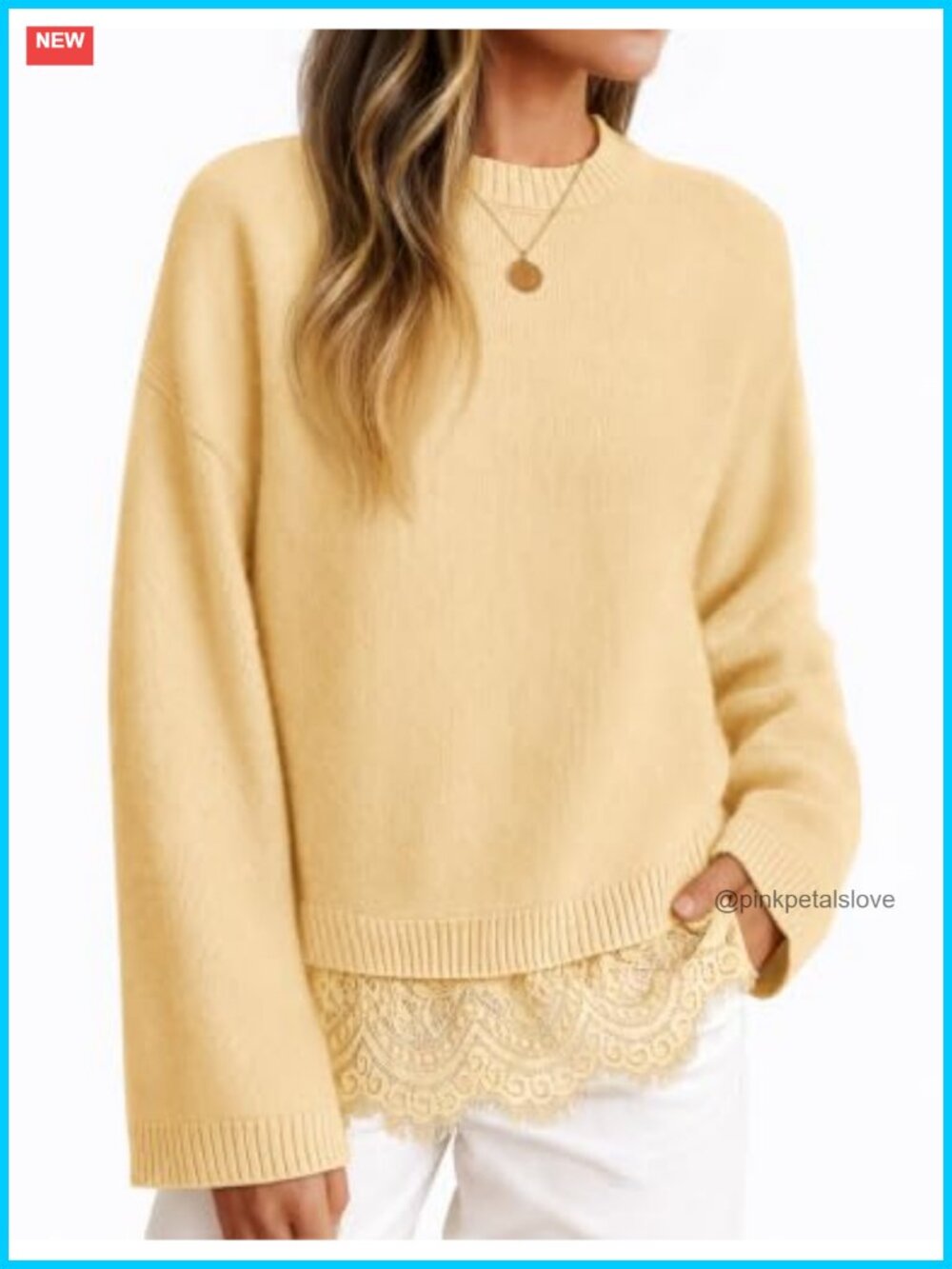 Lace Trim Pullover Sweater Drop Shoulder Scalloped Hem Crew Neck